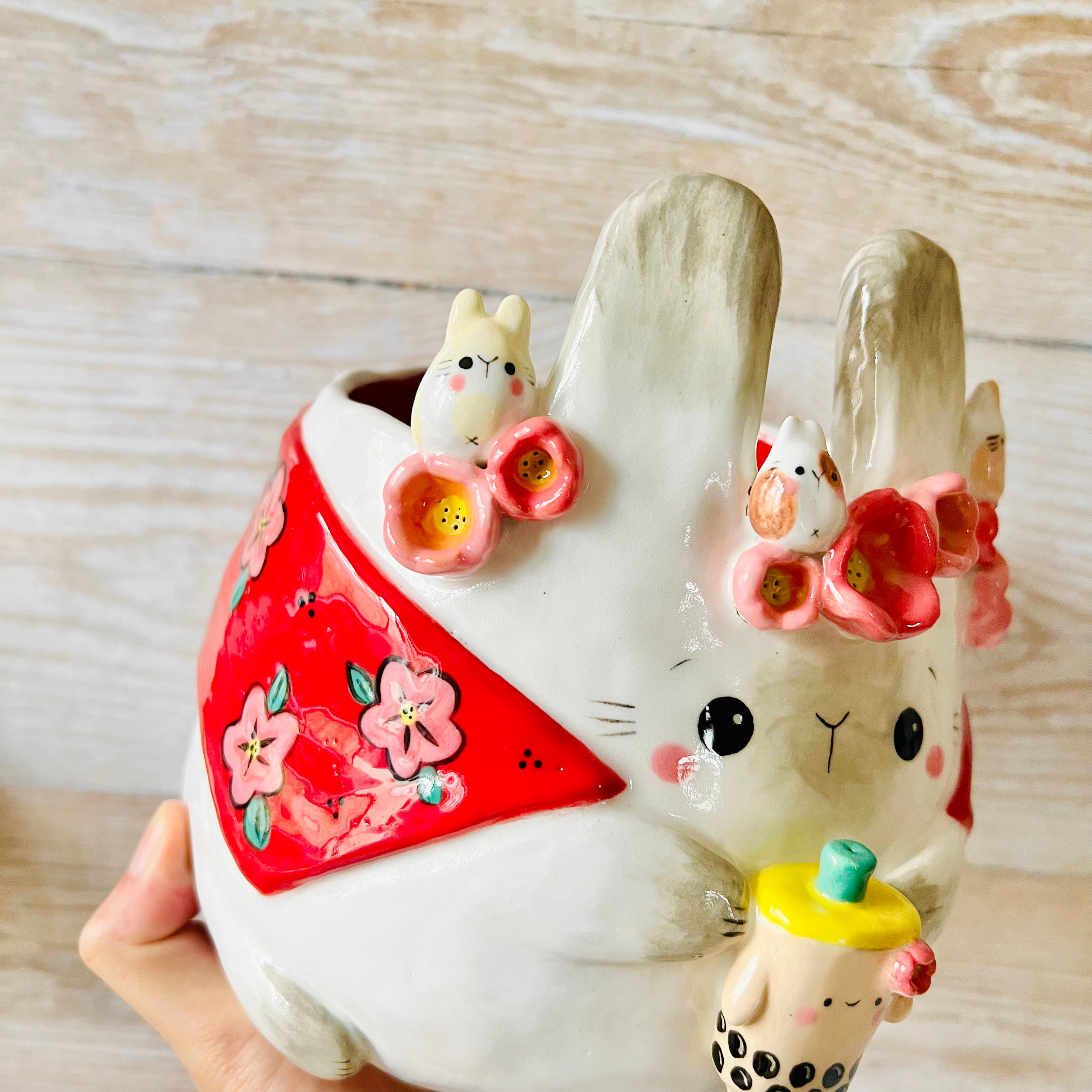 LNY cape wearing flowery Bunny pot with BBT and bunny friends