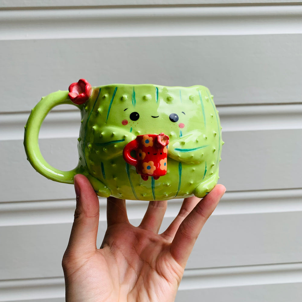 Light green CACTUS coffee pun mug with mug friend, photo 1 of 11
