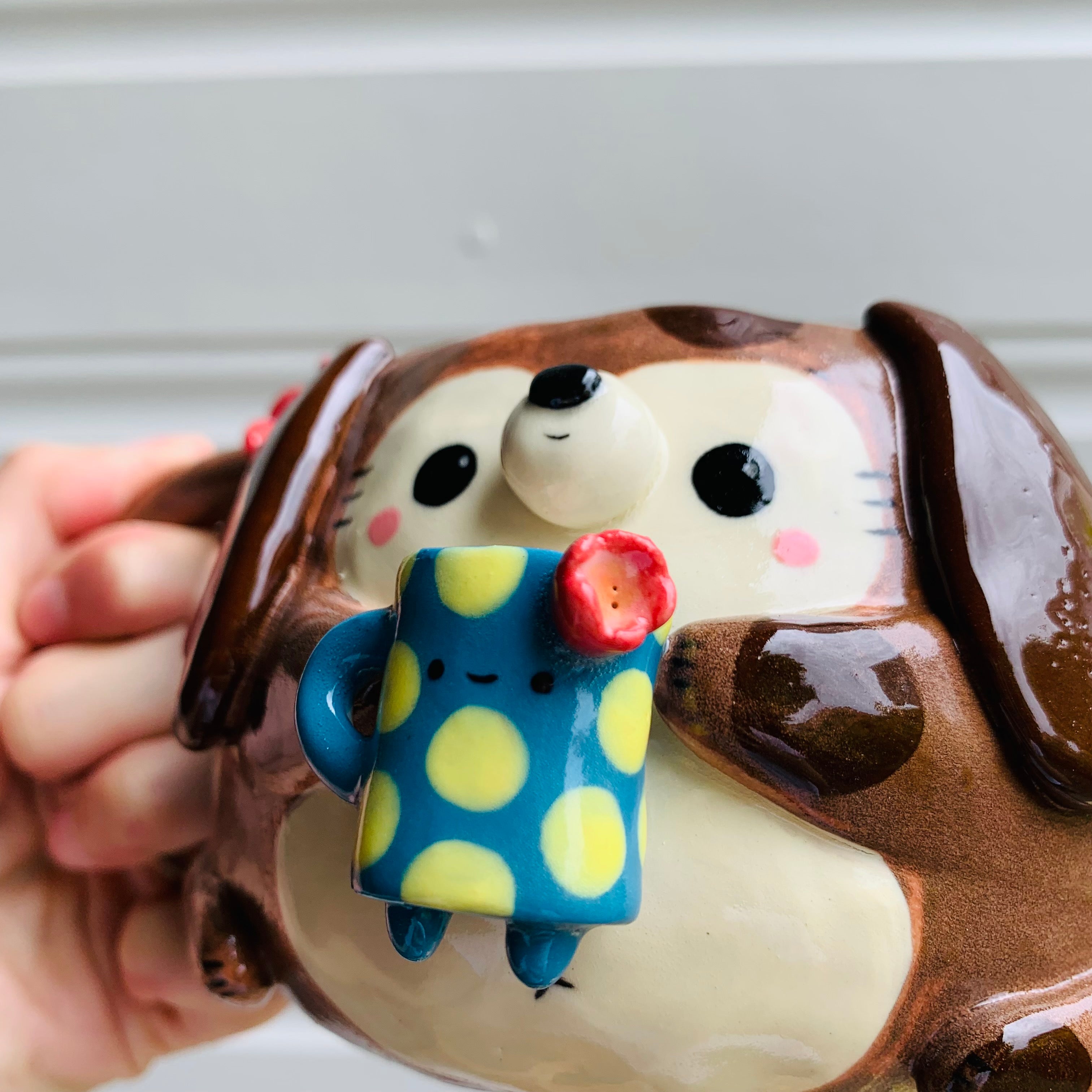 Brown DOGGO coffee pun mug with mug friend