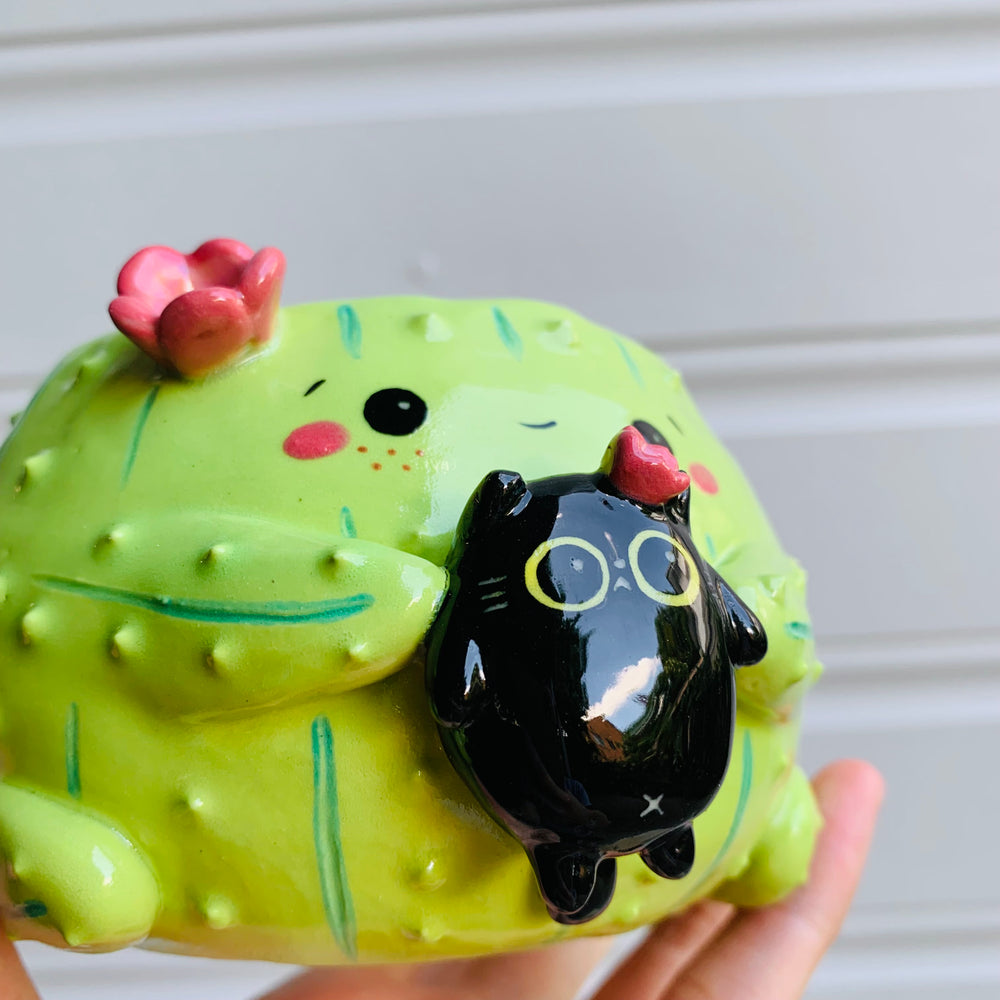 Flowery cactus pot with black cat friend, photo 6 of 6