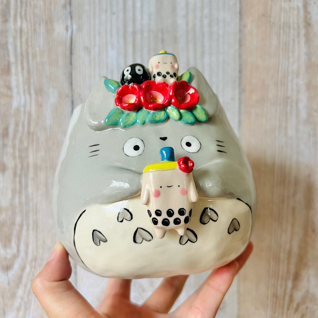 Flowery TOTORO POT with bubble tea and soot sprite friends