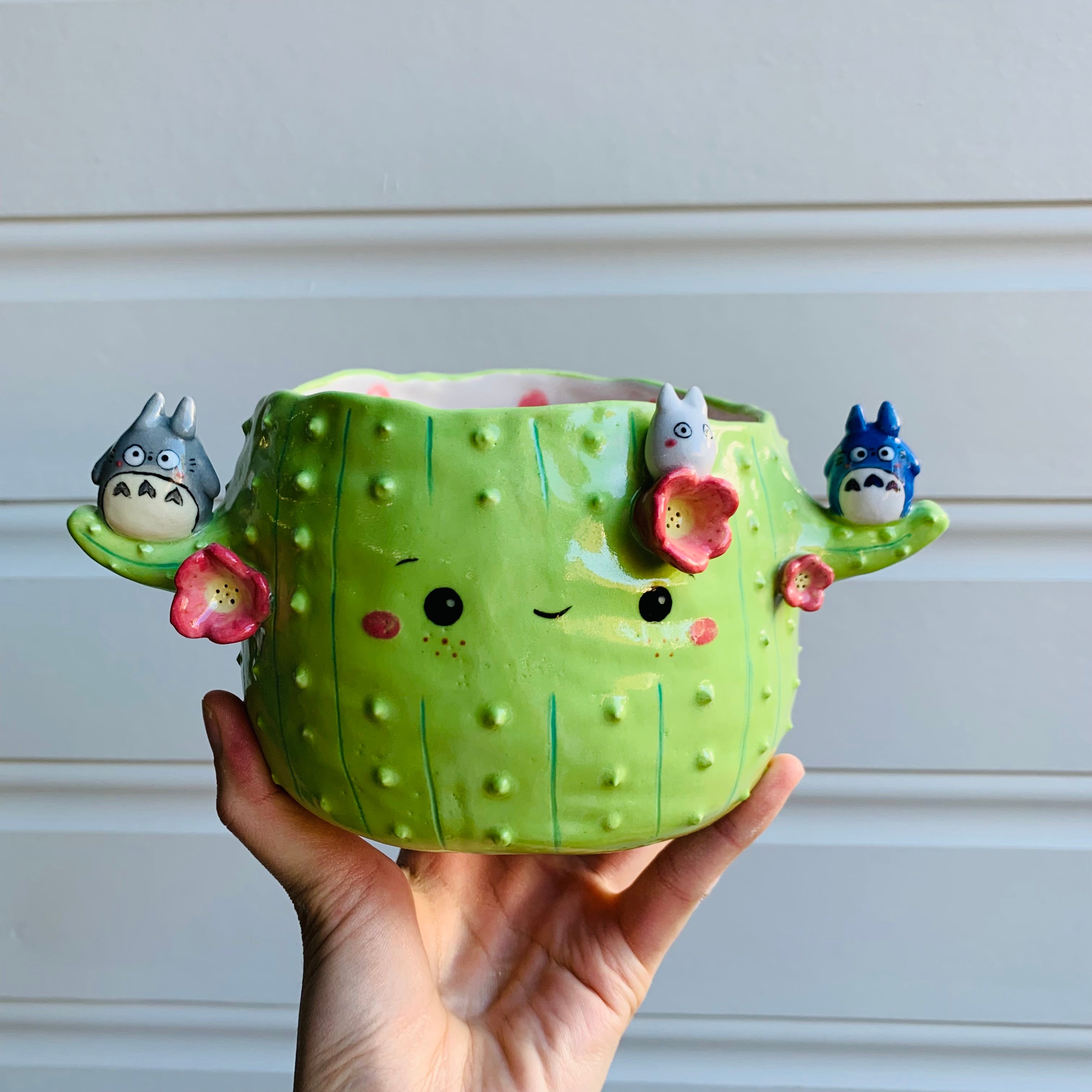 Light green flowery cactus pot with Totoro friends