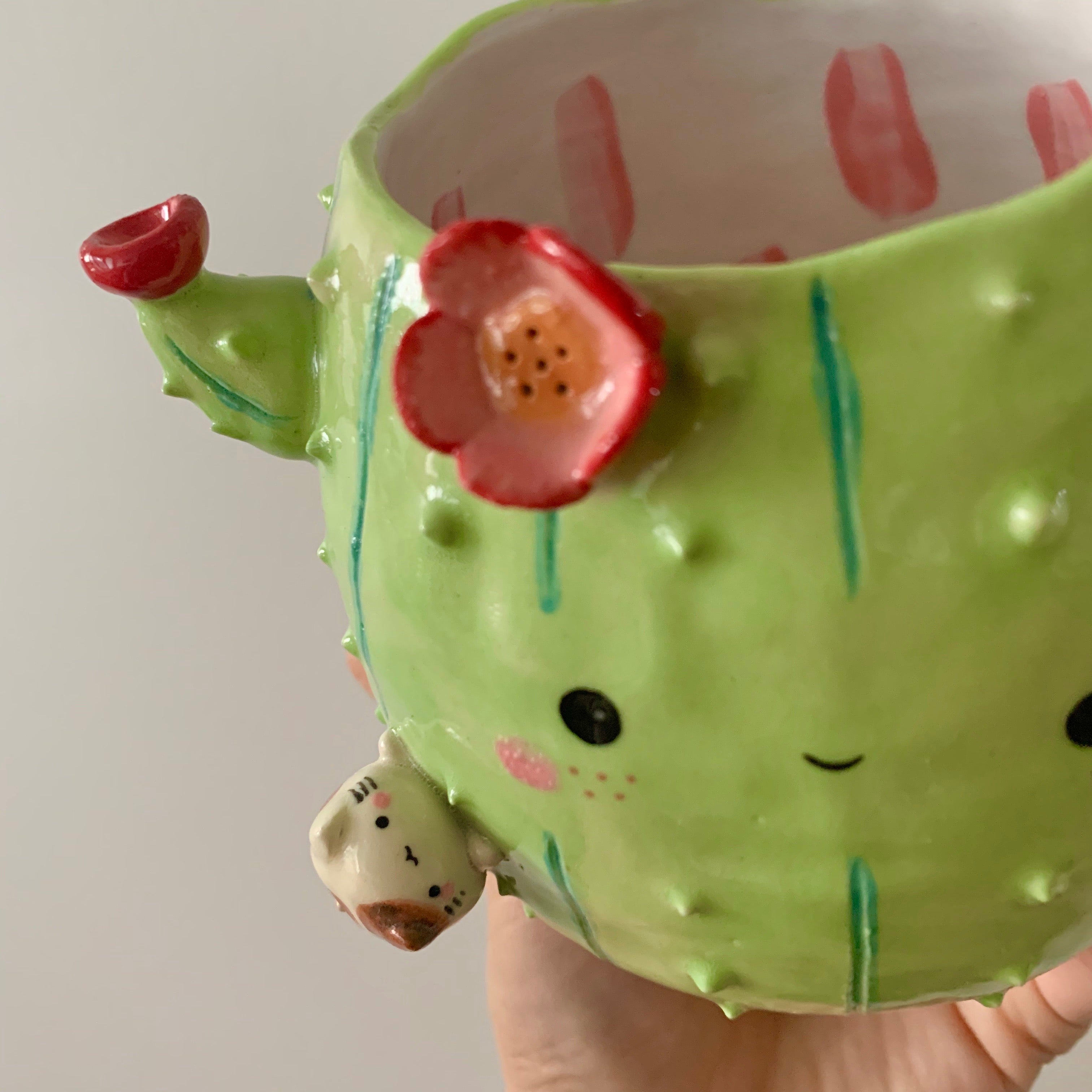 Flowery cactus pot with cat friends