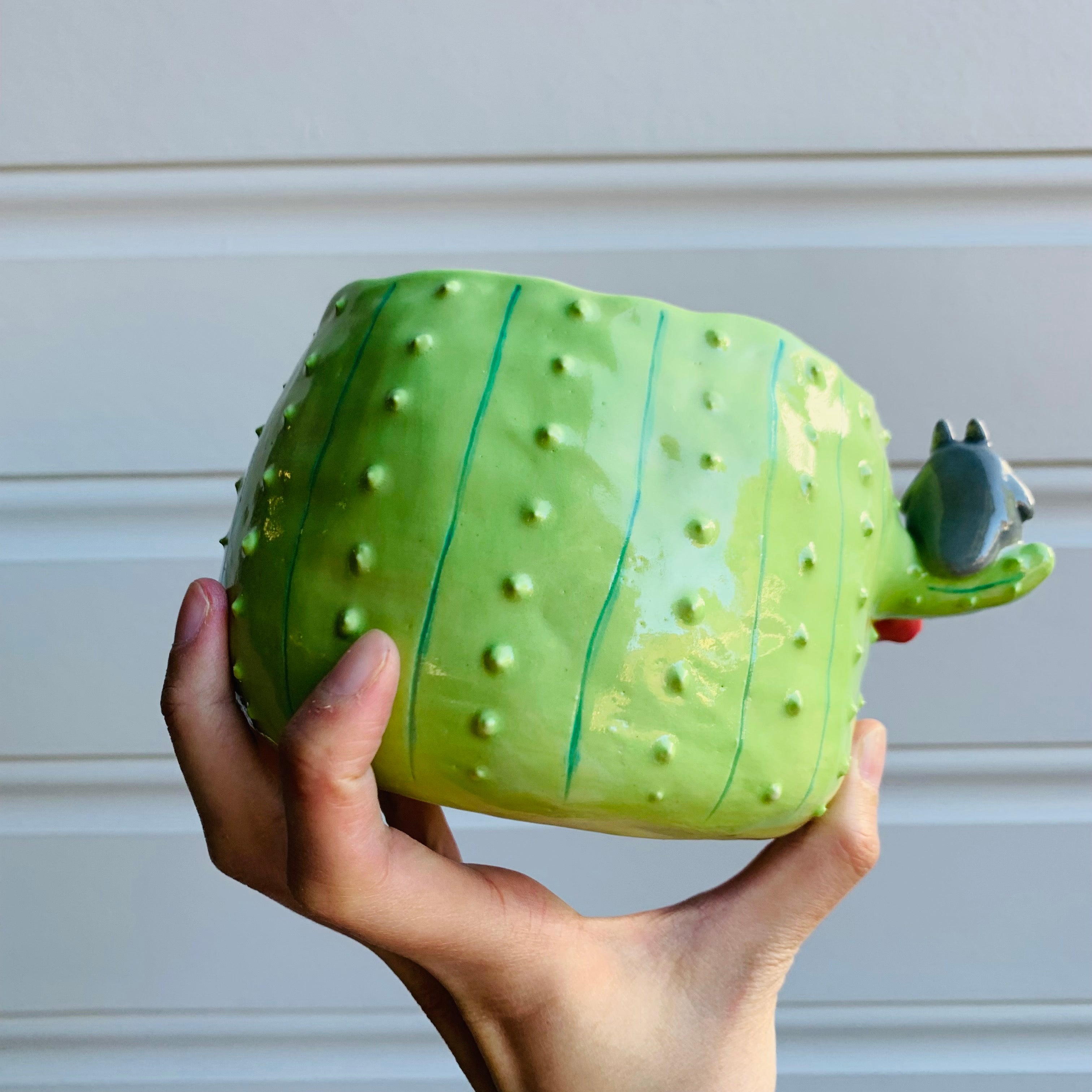 Light green flowery cactus pot with Totoro friends