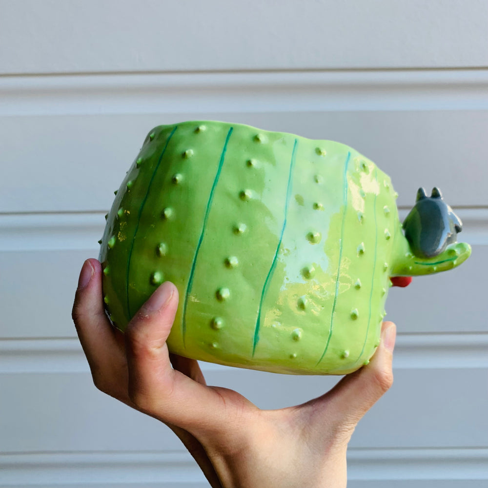 Light green flowery cactus pot with Totoro friends, photo 5 of 10