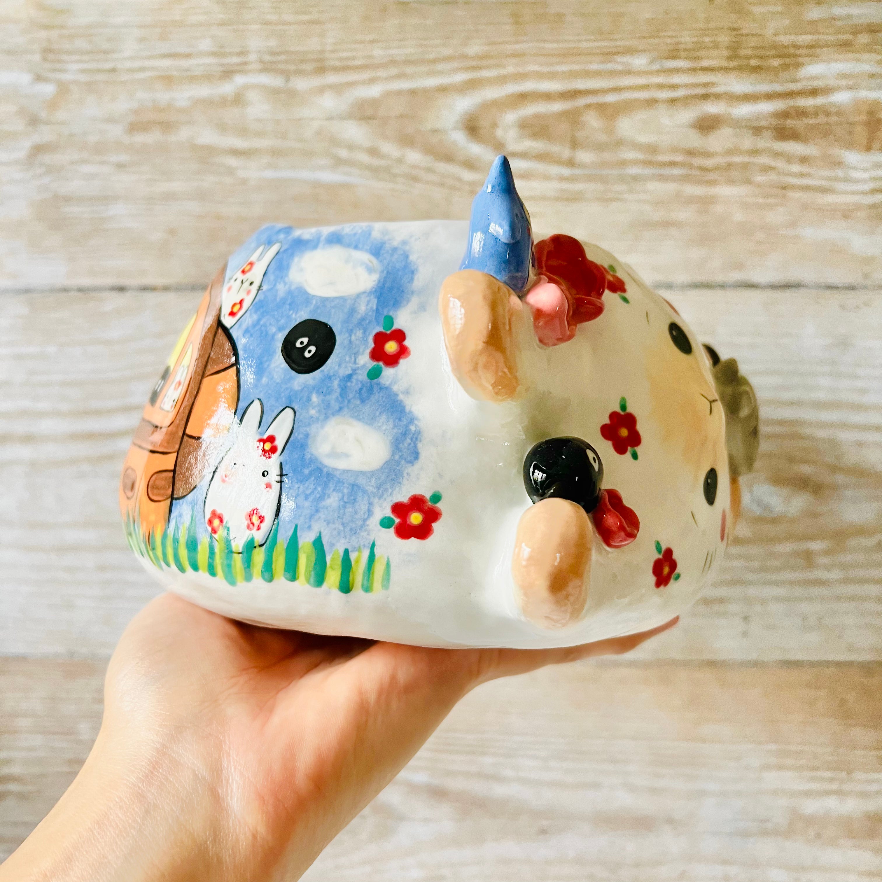 LNY SIDEWAYS BUNNY POT with Totoro friends and LNY CAT BUS painting