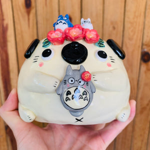 Flower crown puggo pot with Totoro friends