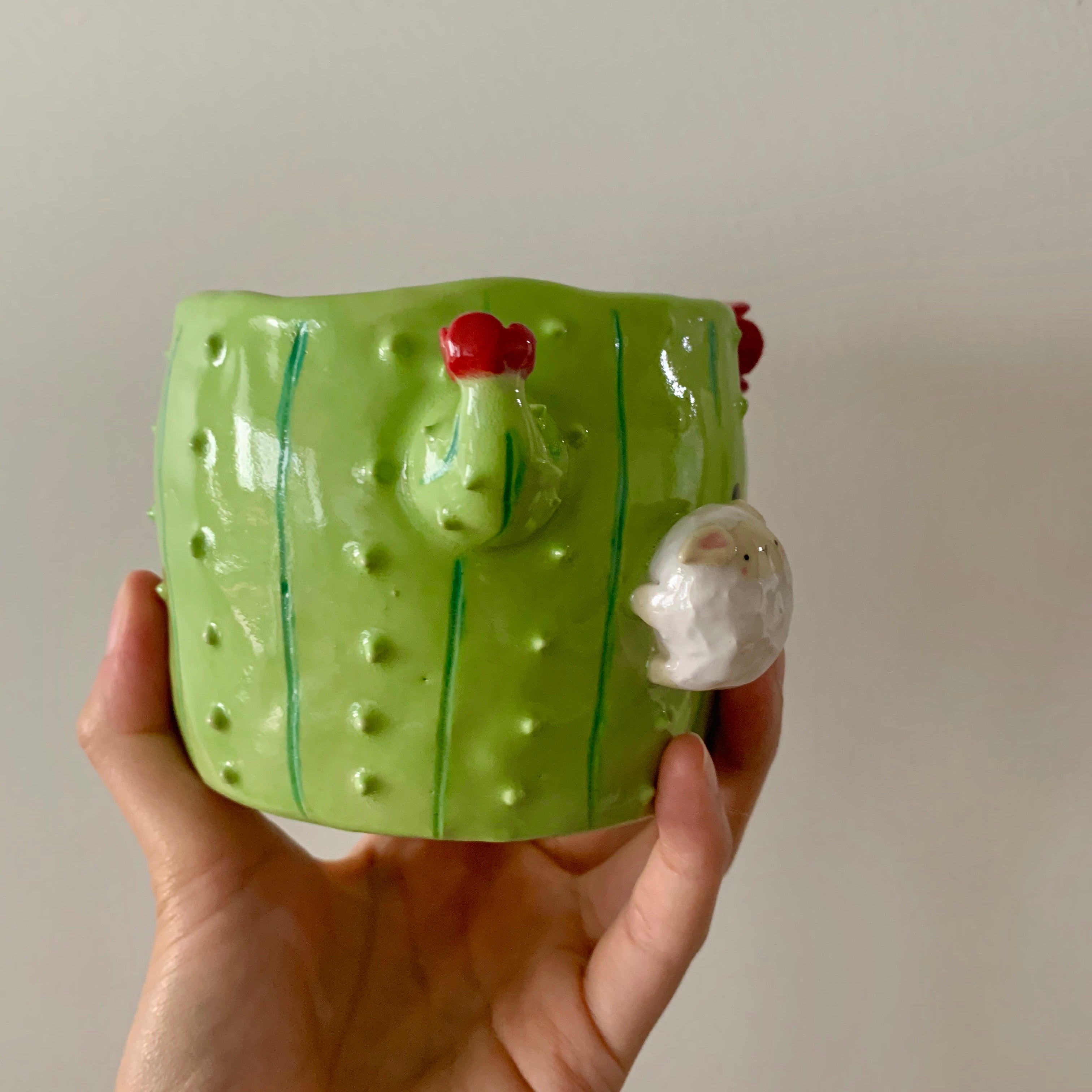 Flowery cactus pot with lamby friends