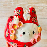 LNY RED flowery Daruma Bunny pot with bunny and mandarin friends