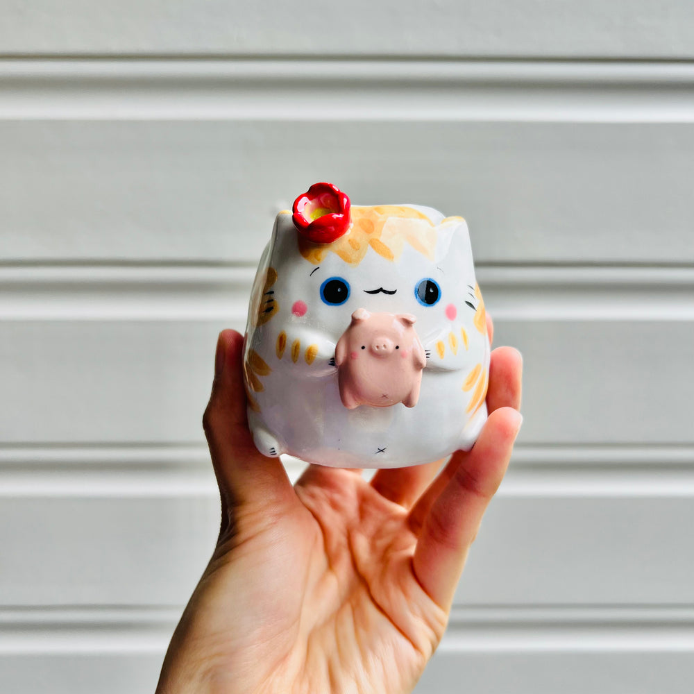Ginger cat vase with pig friend, photo 1 of 5