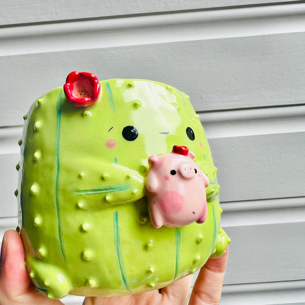 Flowery Cactus pot with pig friend, photo 6 of 6