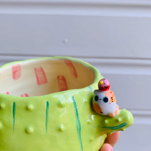 Flower cactus pot with cat and bird friends