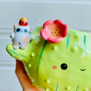 Flower cactus pot with cat and bird friends