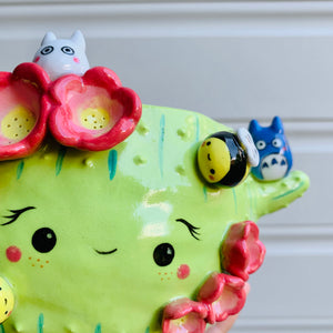 Flowery cactus pot with Totoro and bee friends