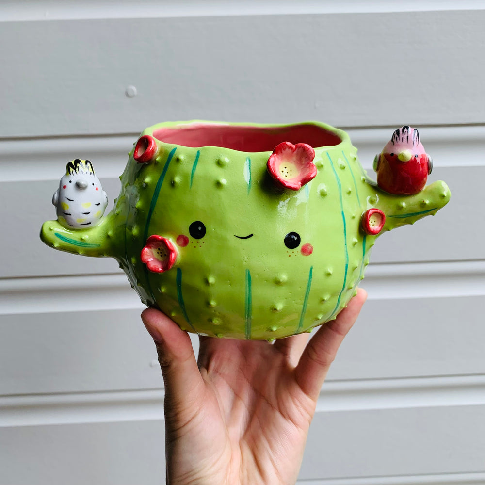 Flowery cactus pot with Aussie bird friends, photo 1 of 7