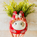 LNY RED Flowery Daruma bunny pot with bunny friends