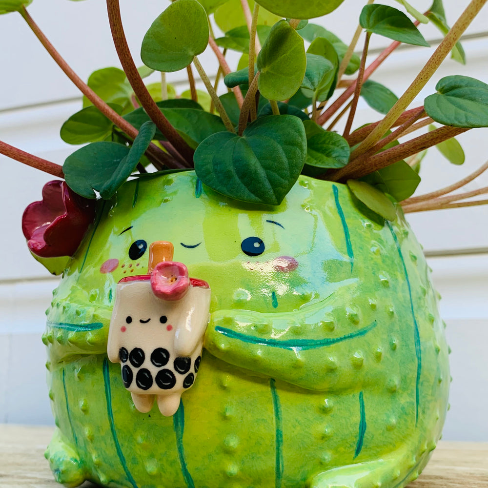 Dark green flowery cactus with bubble tea friend planter, photo 6 of 10