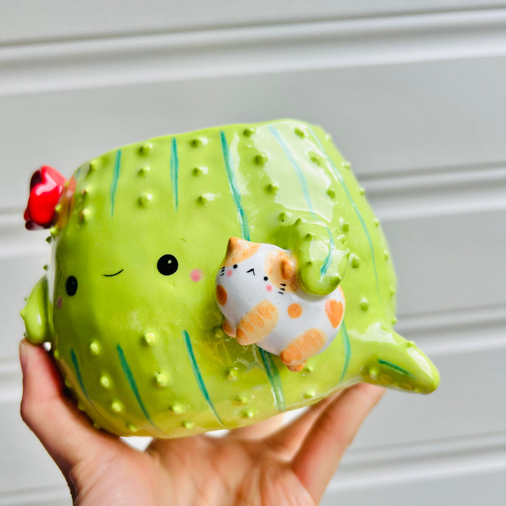 Large flowery cactus pot with ginger cat friend, photo 2 of 6