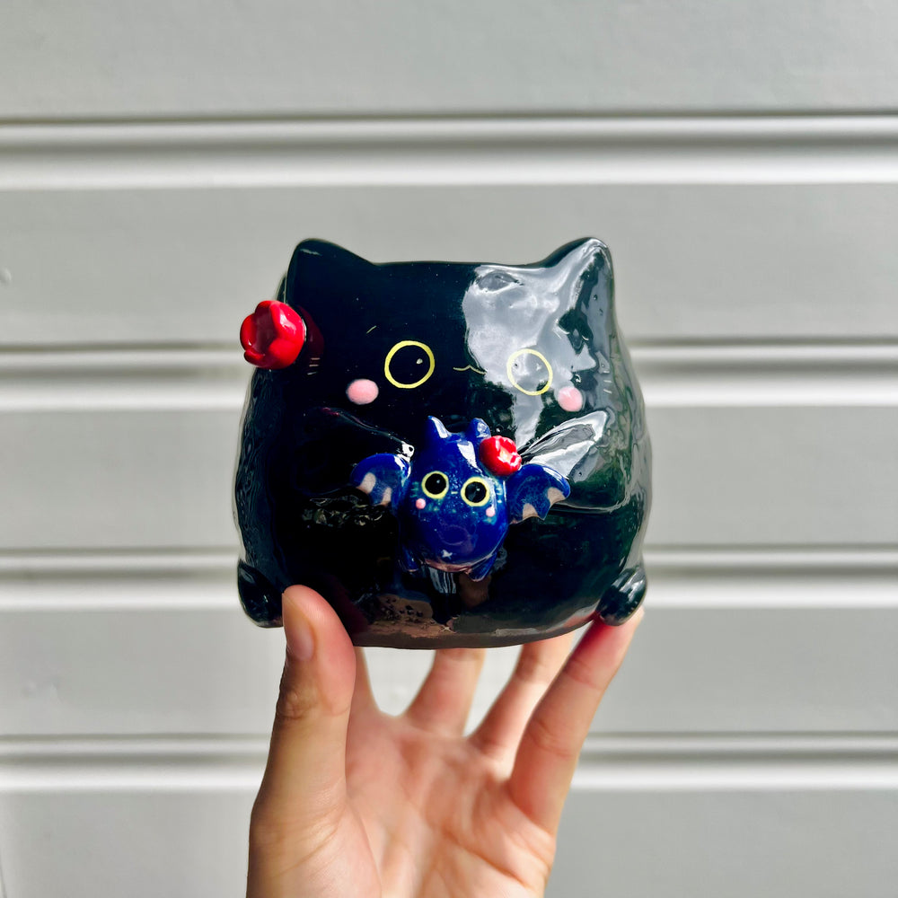 Halloween black cat pot with bat friend, photo 1 of 6