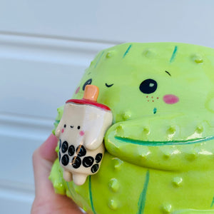 PRE ORDER: Light green flowery cactus with bubble tea friend