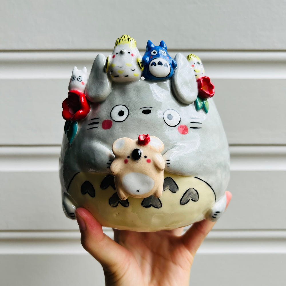 LARGE Totoro Pot with Baby Koala, Cockatoo and Chibi Totoro friends, photo 1 of 9