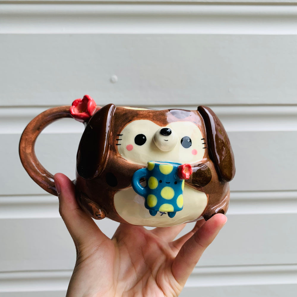 Brown DOGGO coffee pun mug with mug friend, photo 1 of 12