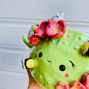 Flowery cactus pot with Totoro and bee friends