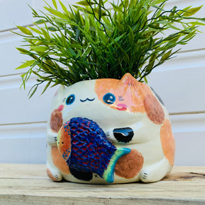 LARGE spotty cat with fish friend planter