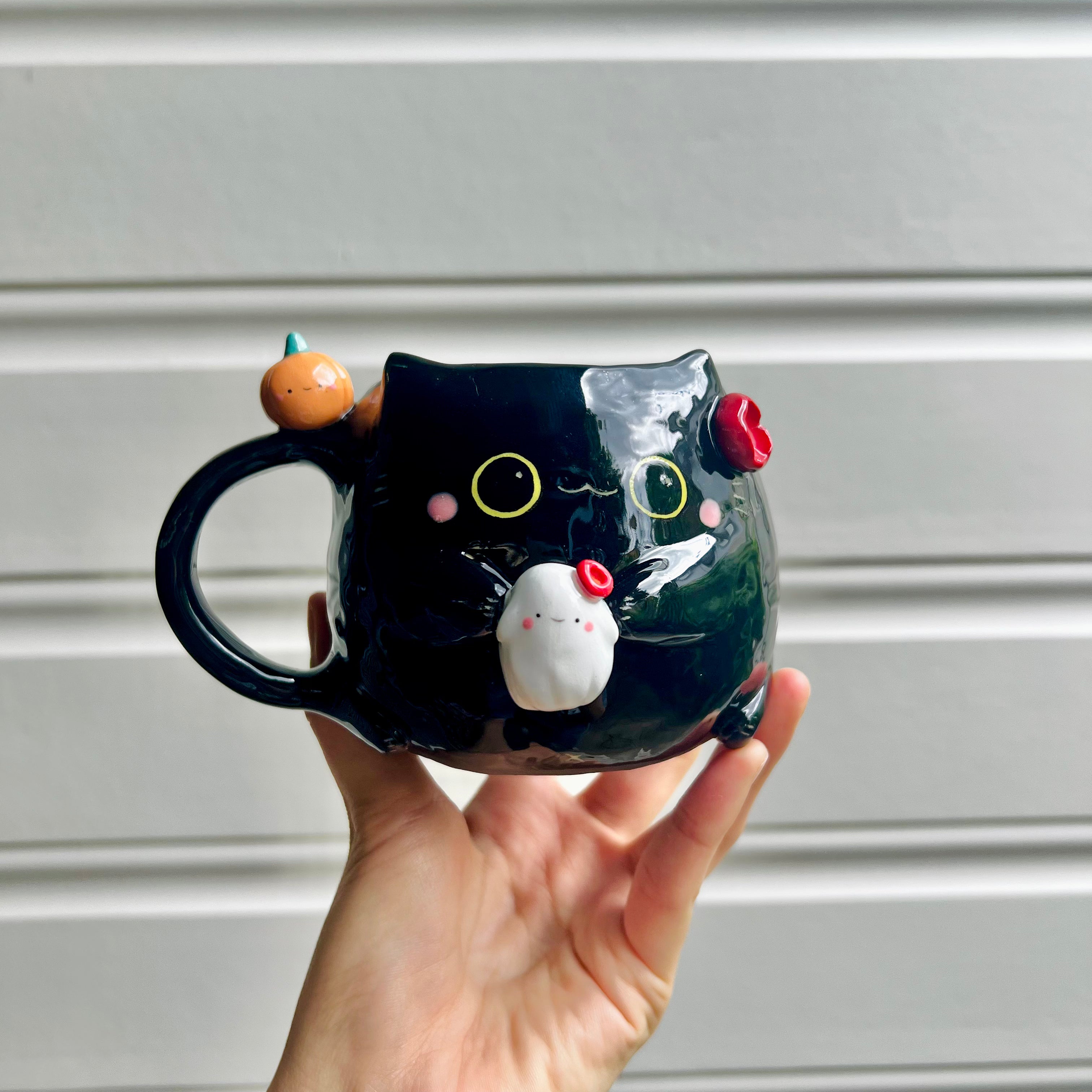 Halloween black cat mug with ghost friend