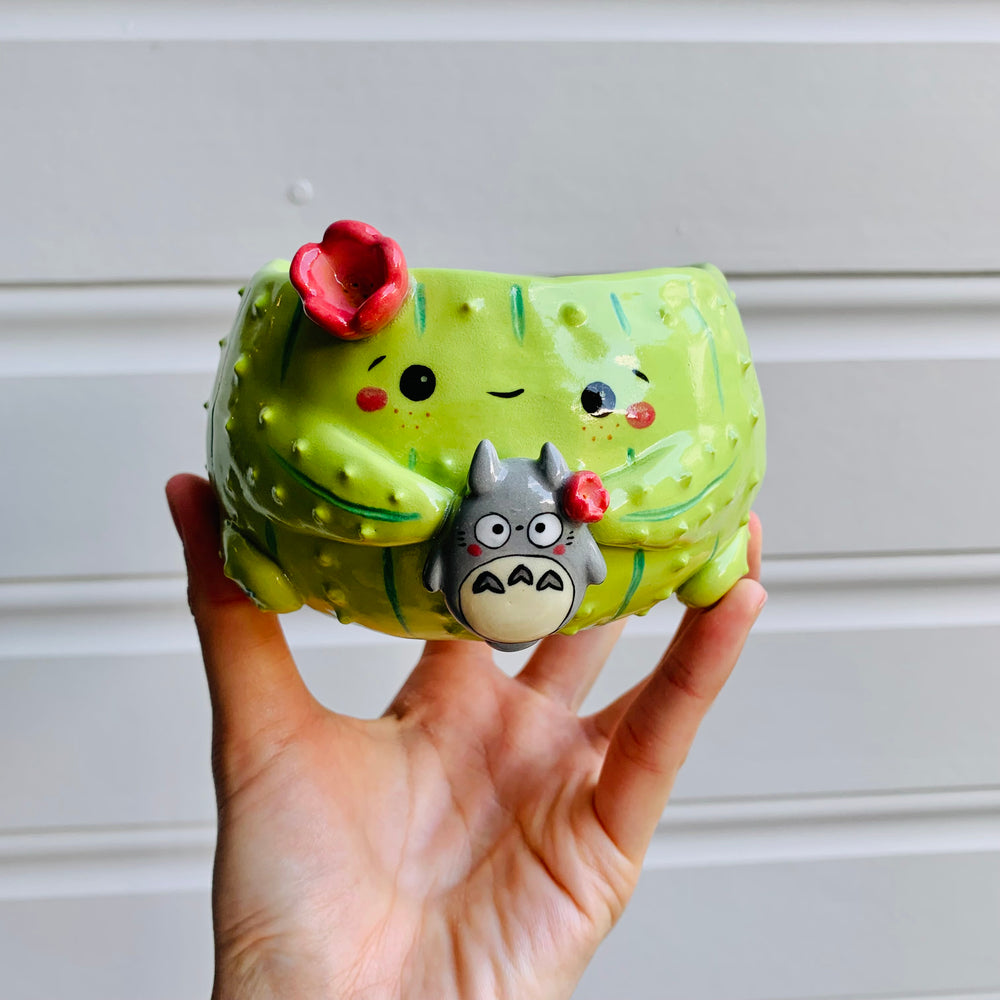 Flowery cactus pot with Totoro friend, photo 1 of 6