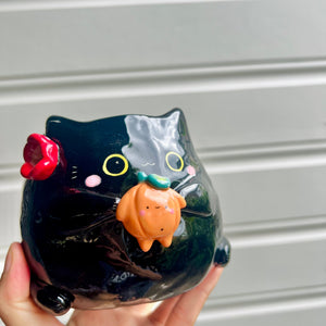 Halloween black cat pot with pumpkin friend