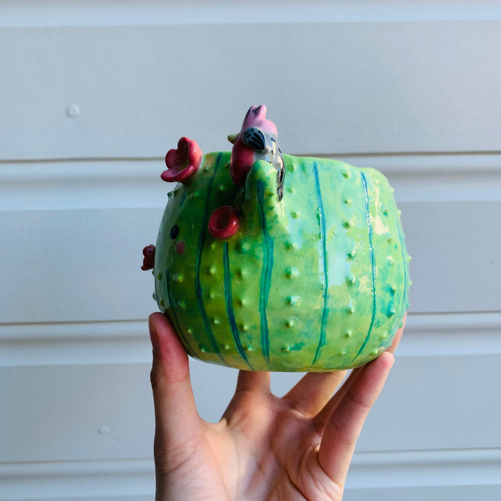 Dark green flowery cactus pot with Aussie bird friends, photo 5 of 7