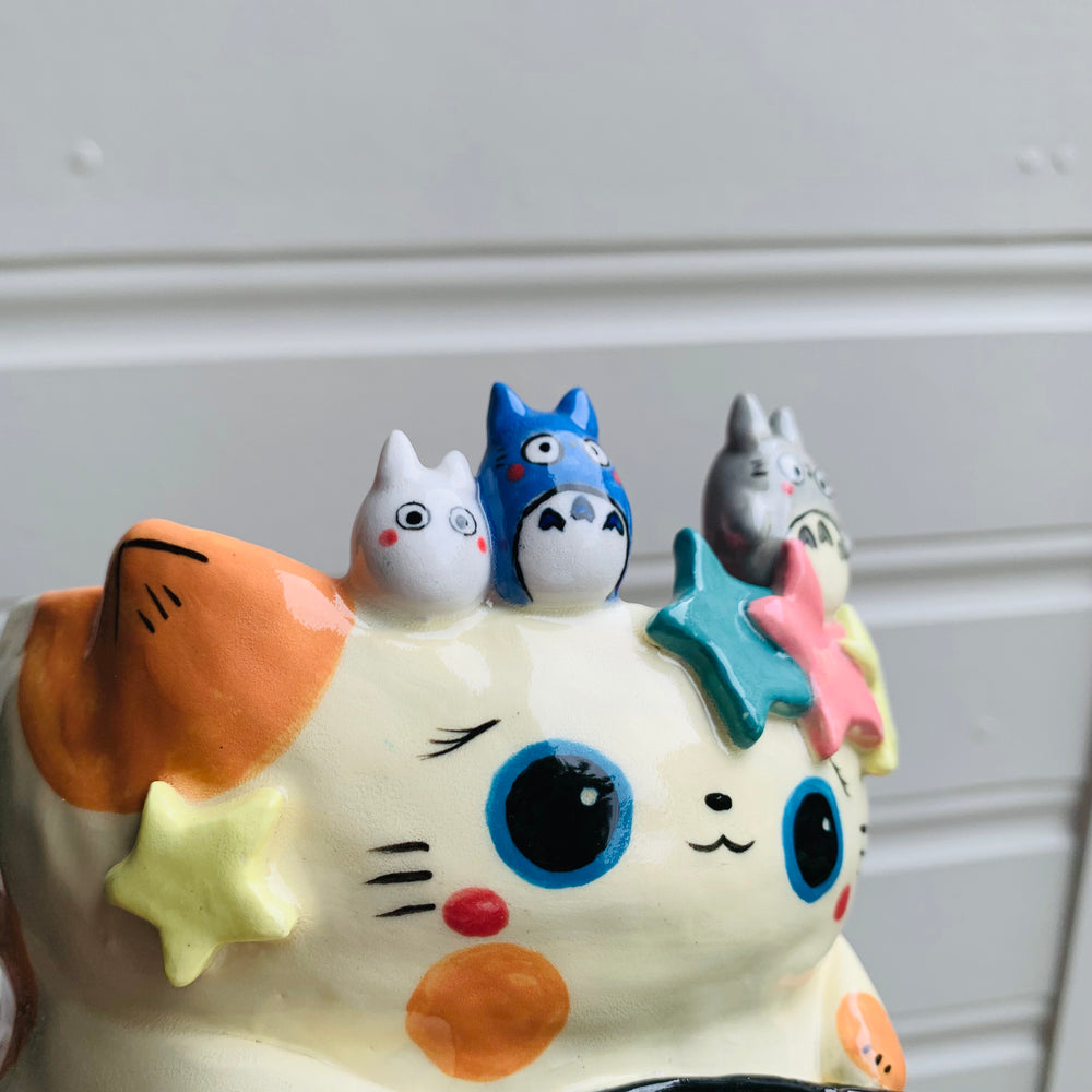 2 in 1 Spotty ginger cat and soot sprite pot with Totoro friends, photo 9 of 16