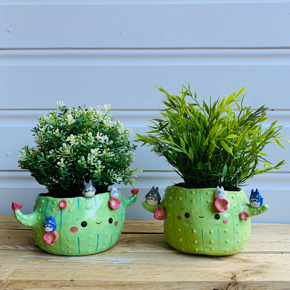 Light green flowery cactus pot with Totoro friends, photo 9 of 10