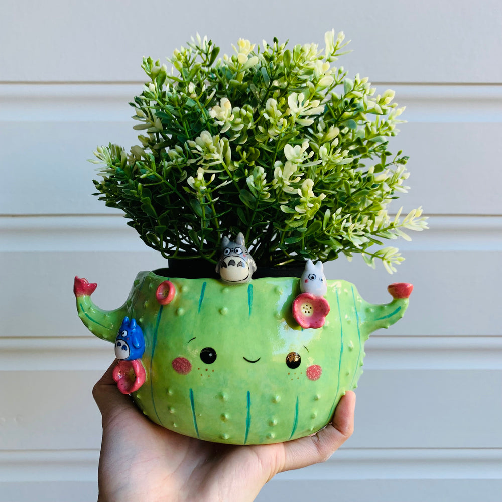 Dark green flowery cactus pot with Totoro friends, photo 8 of 9