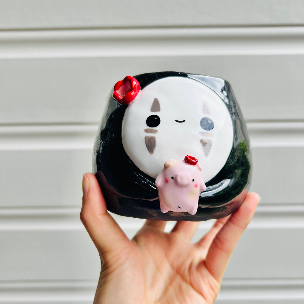 No Face pot with pig friend, photo 1 of 6