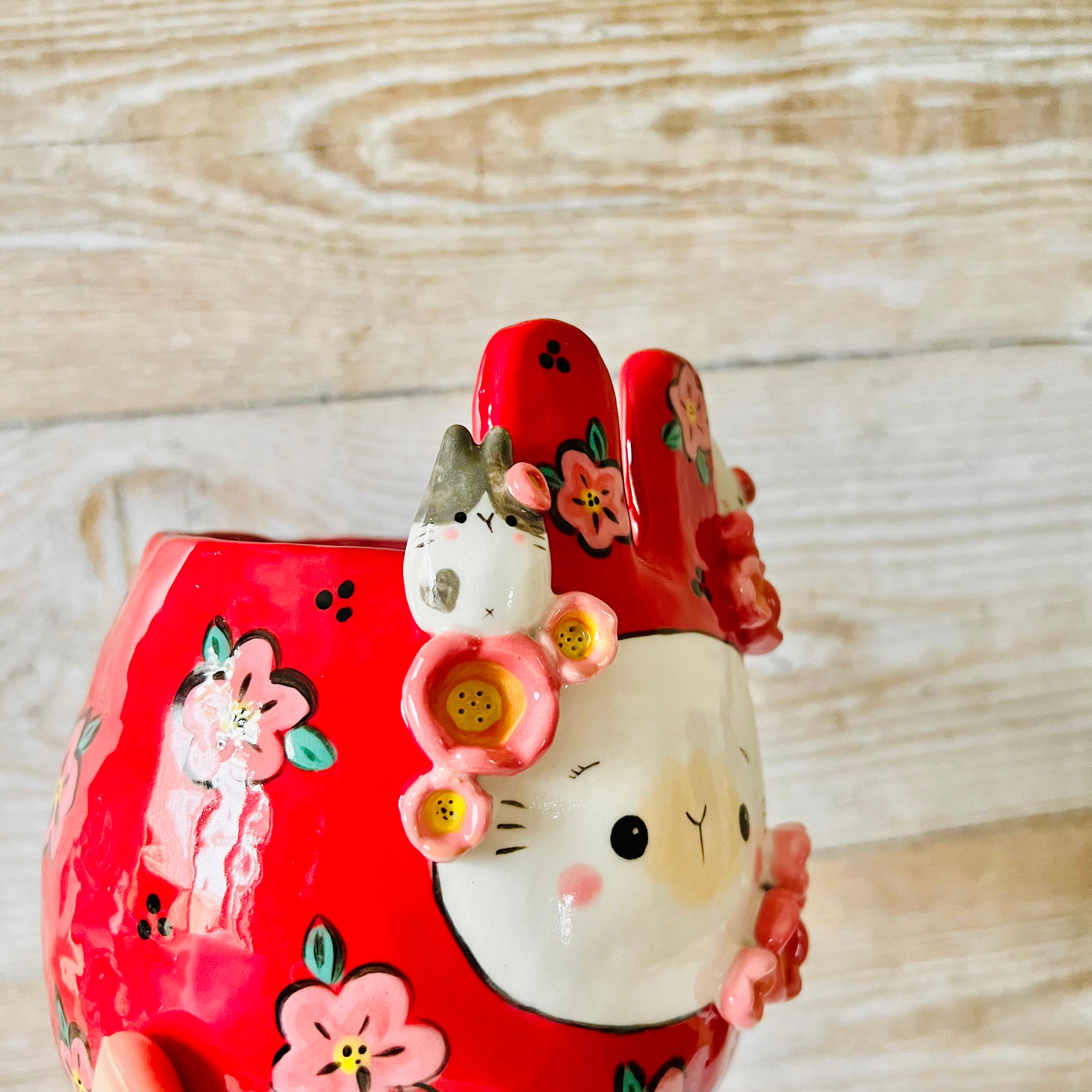 LNY RED Flowery Daruma pot with bunny friends