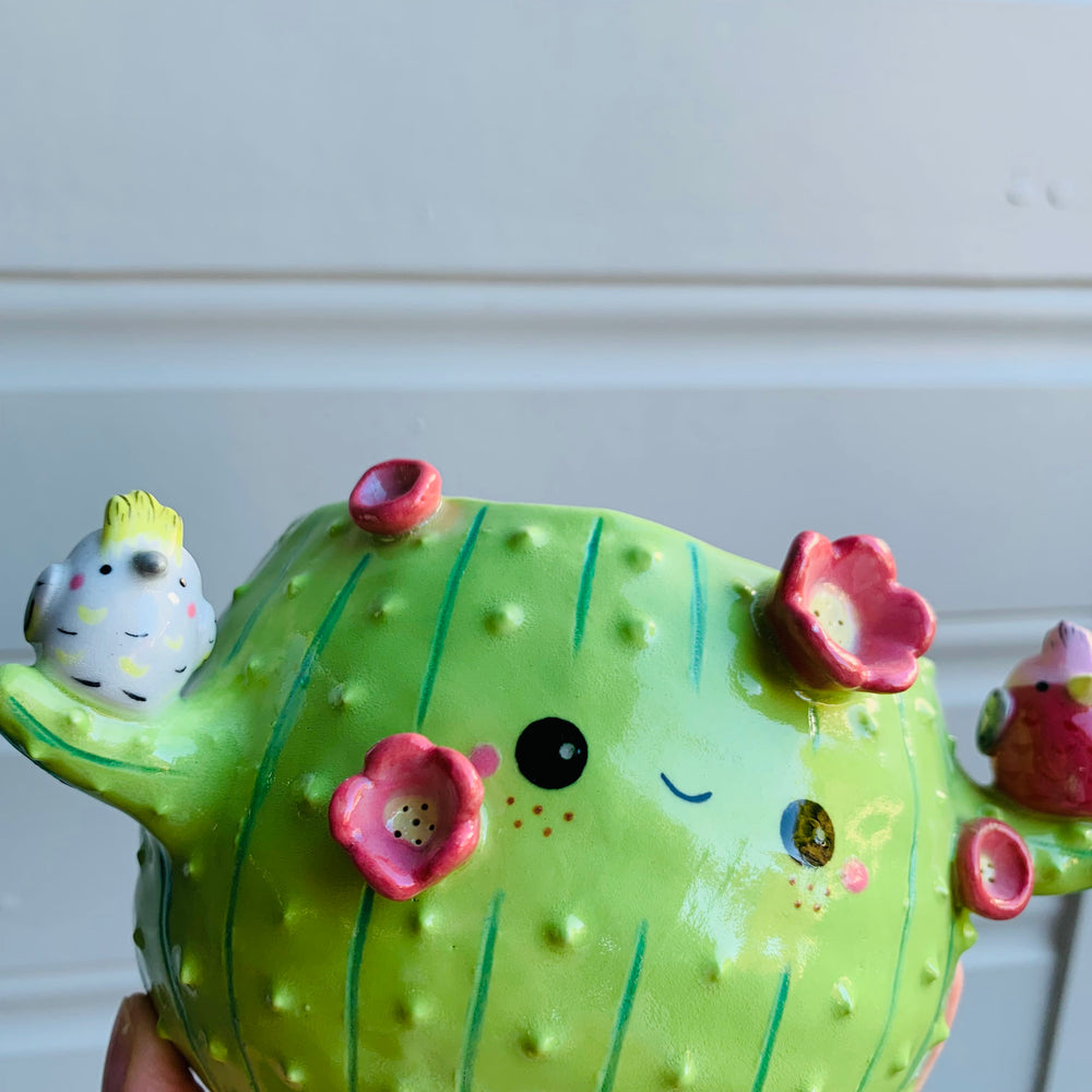 Light green flowery cactus pot with Aussie bird friends, photo 3 of 8