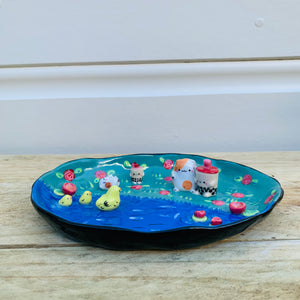 Bubble tea and cat family pond hangs trinket dish