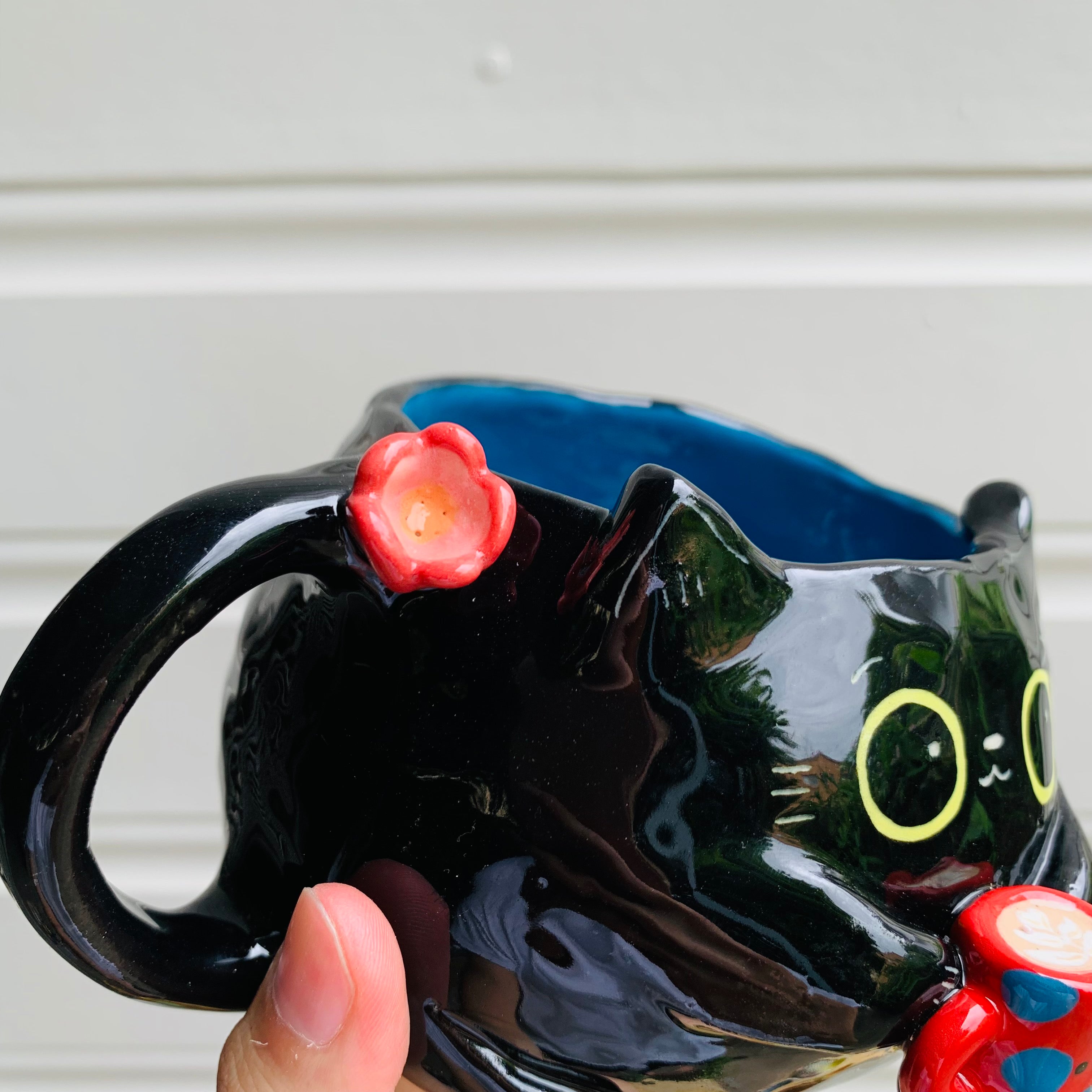 BLACK CAT coffee pun mug with mug friend