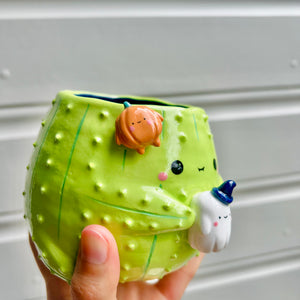 Halloween cactus pot with ghost & pumpkin friend