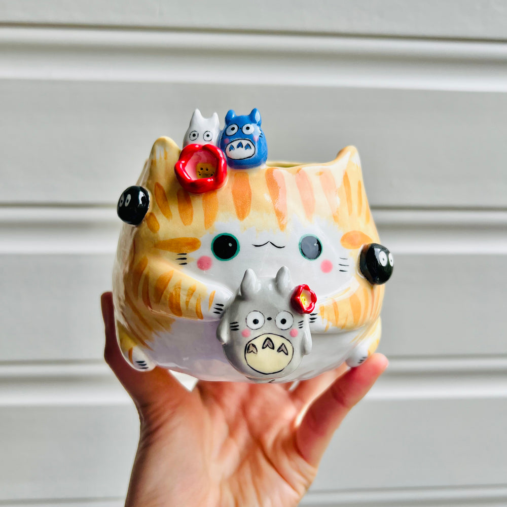 Ginger cat pot with soot sprite and Totoro friends, photo 1 of 4