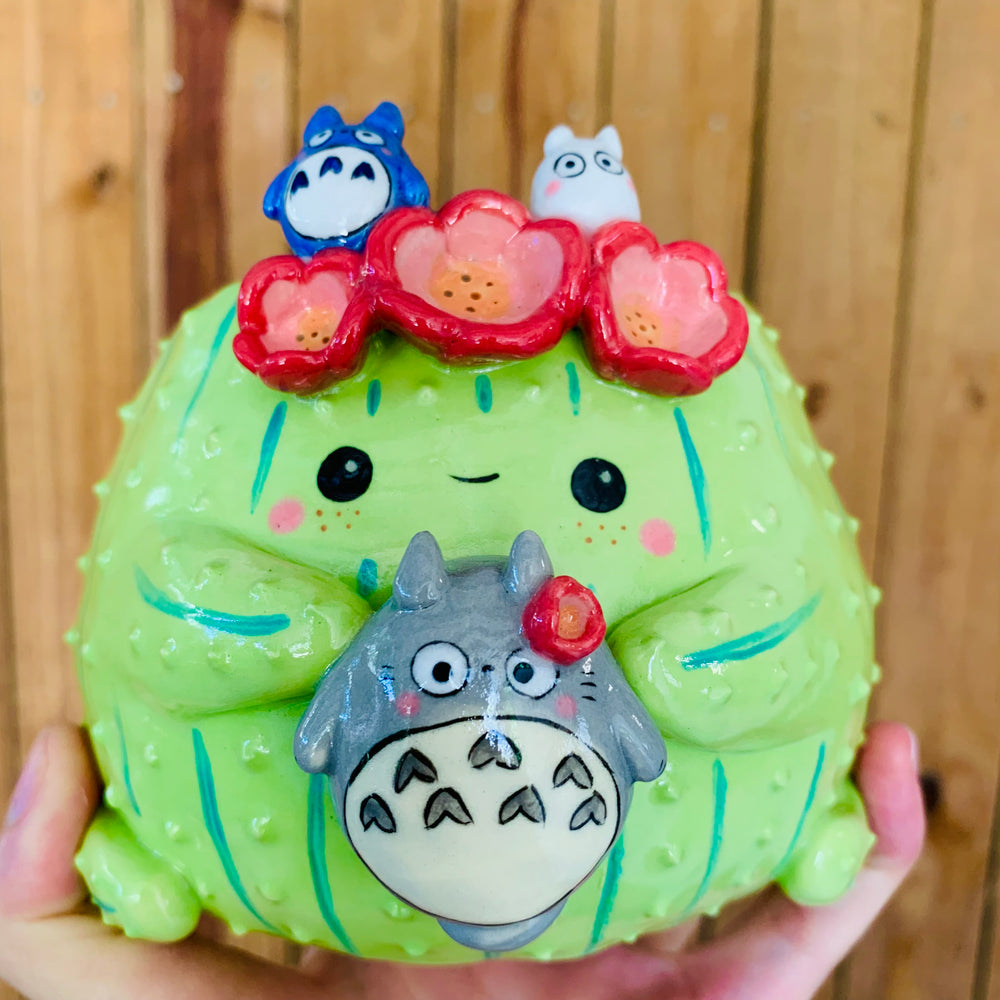 Light green flower crown cactus pot with Totoro friends, photo 8 of 9