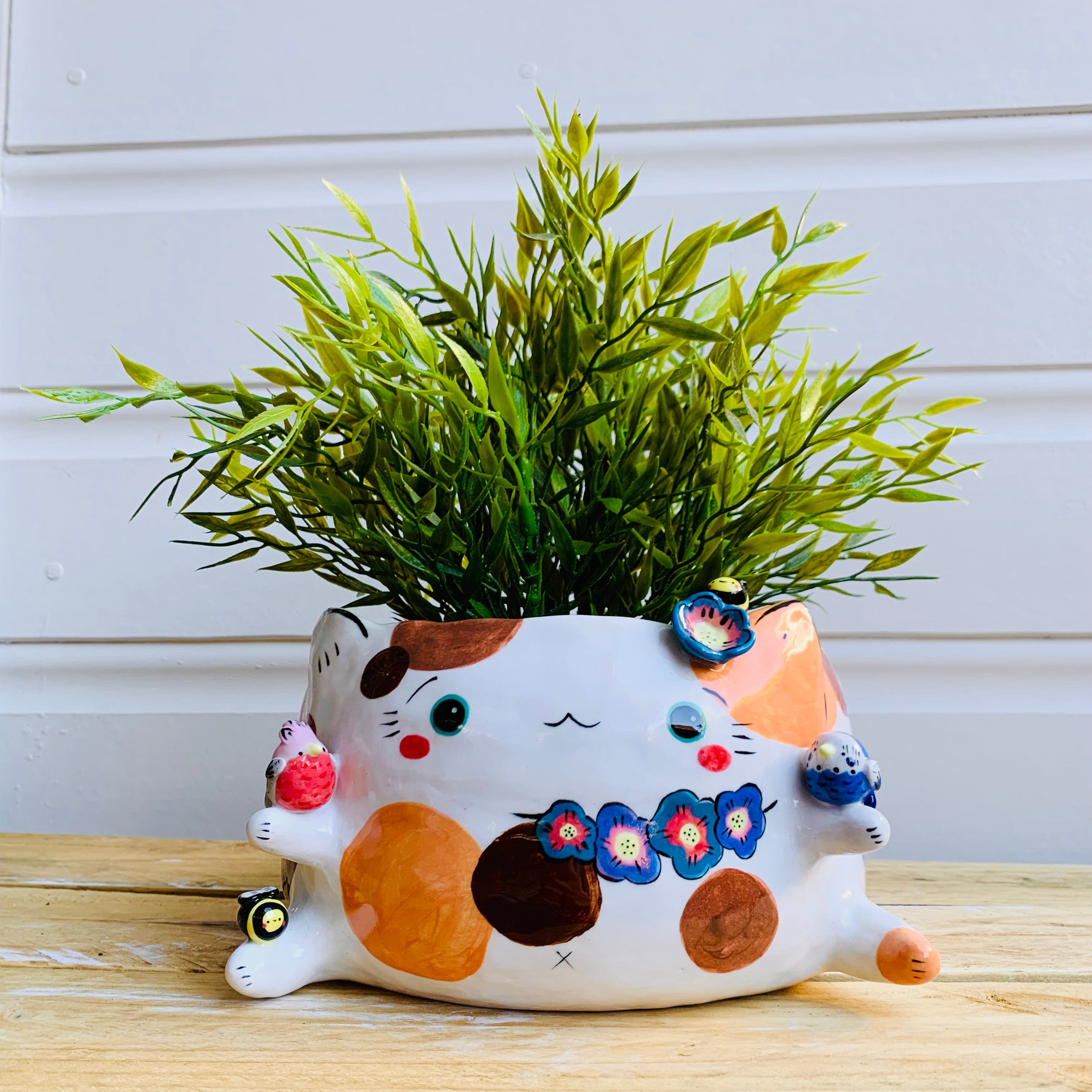 BIG FLOWERY cat pot with bird and bee friends