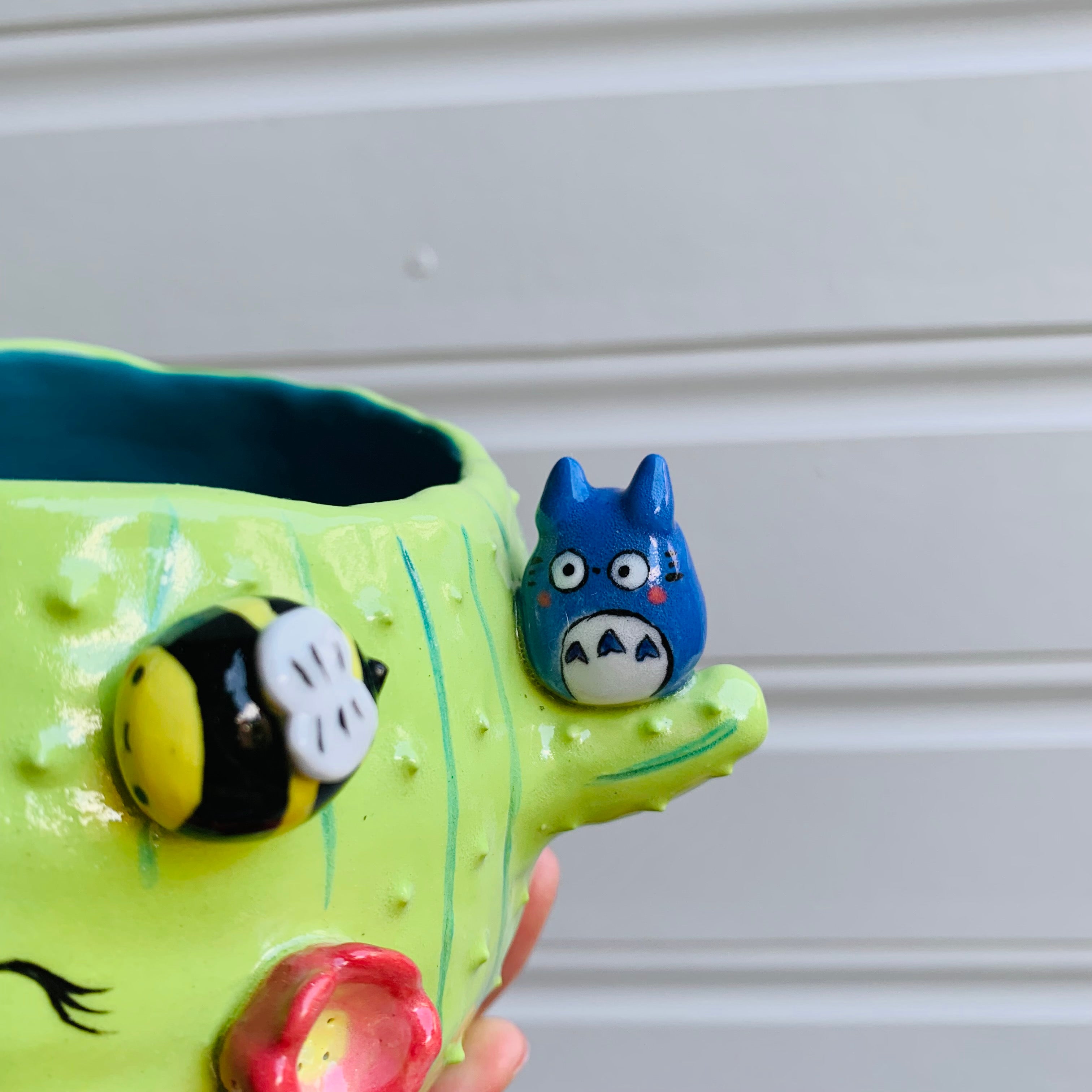 Flowery cactus pot with Totoro and bee friends