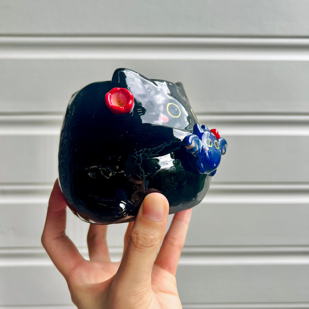 Halloween black cat pot with bat friend, photo 2 of 6