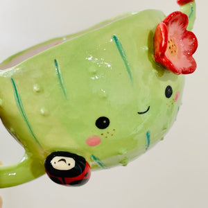 Flowery cactus mug with lady bug friend - approx. 250ml