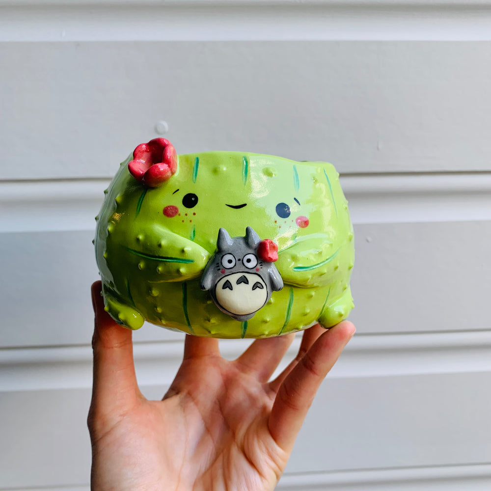 Flowery cactus pot with Totoro friend, photo 1 of 6