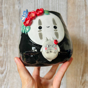 Flowery NO FACE POT with Totoro friends