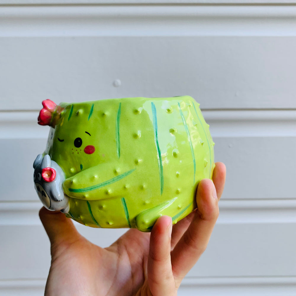 Flowery cactus pot with Totoro friend, photo 3 of 6
